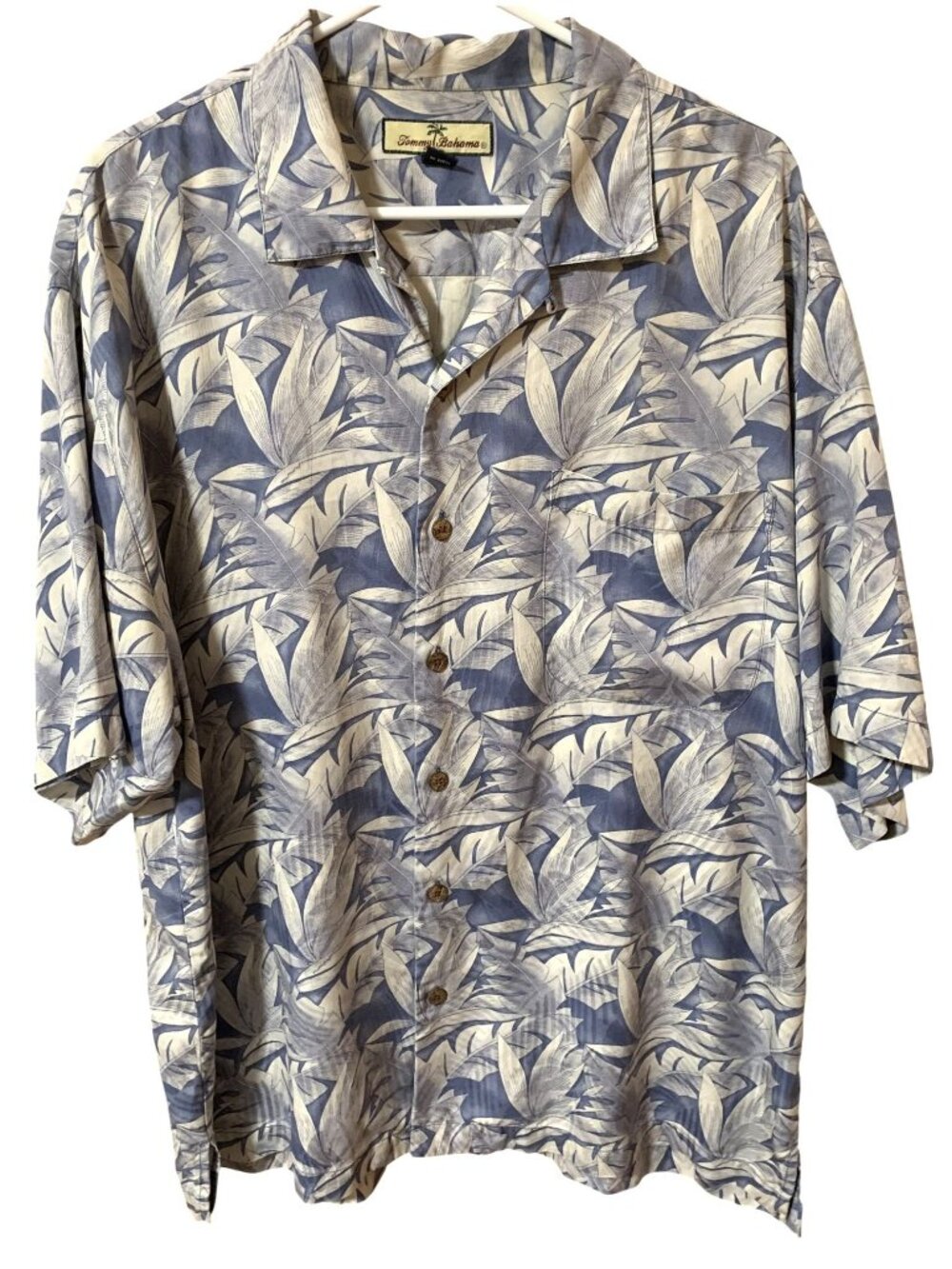 Tommy Bahama Men's L 100% Silk Hawaiian Camp Shirt Blue Tropical Leaf Aloha